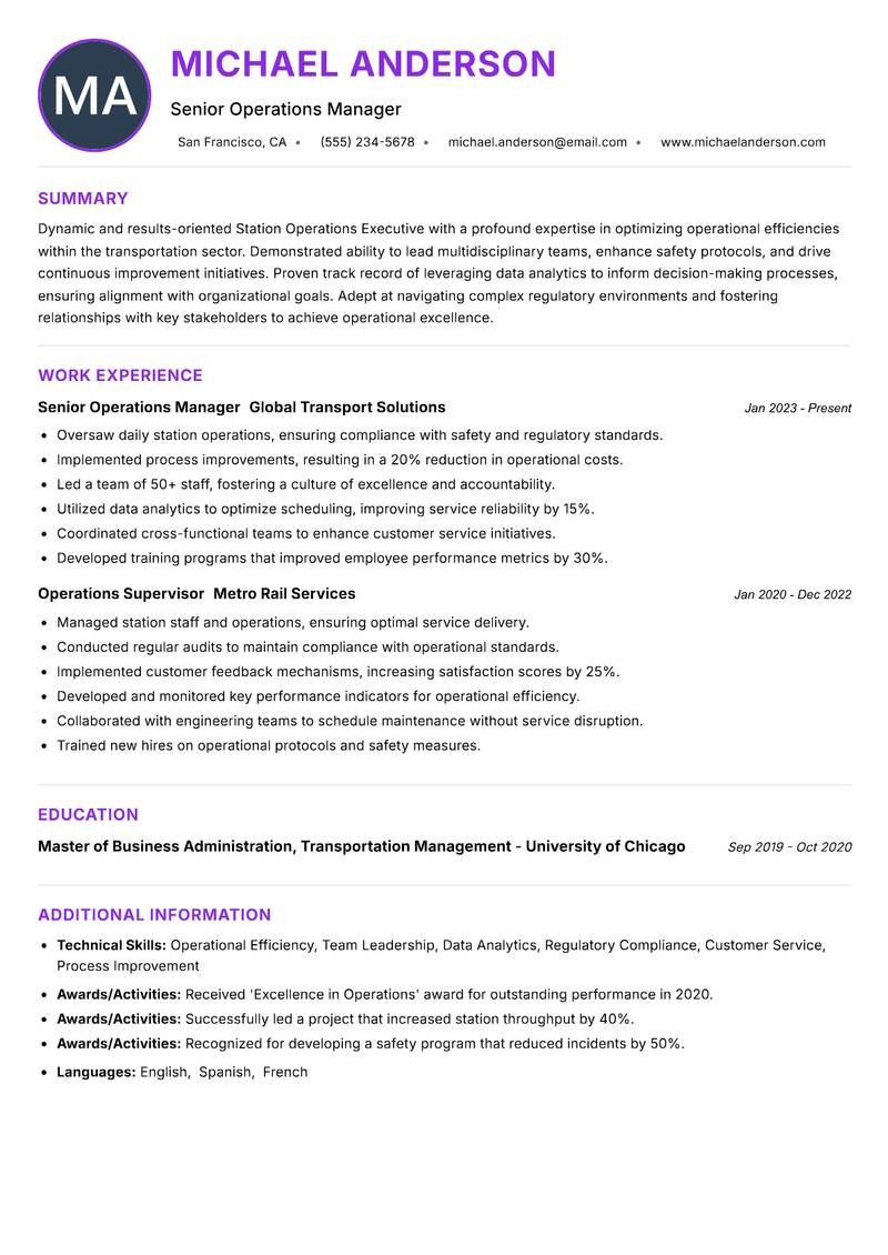 Station Operations Executive resume example — ATS-friendly template