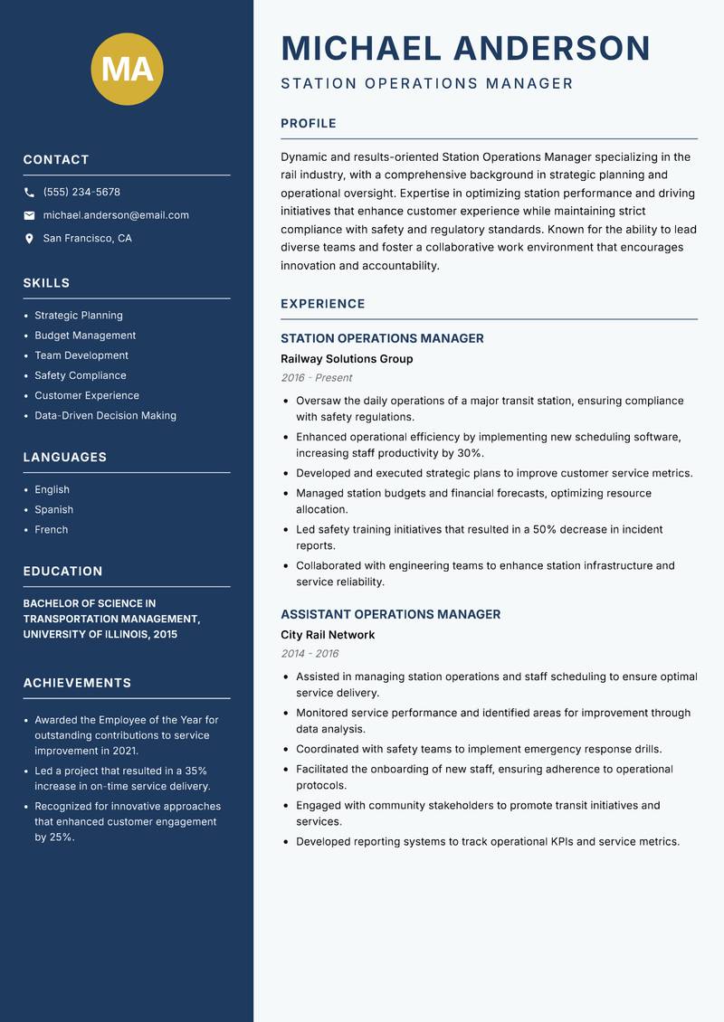 Station Operations Manager resume template — Classic Clean