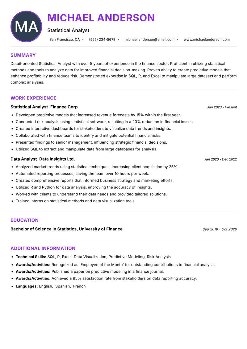 Statistical Analyst resume example — ATS-friendly template