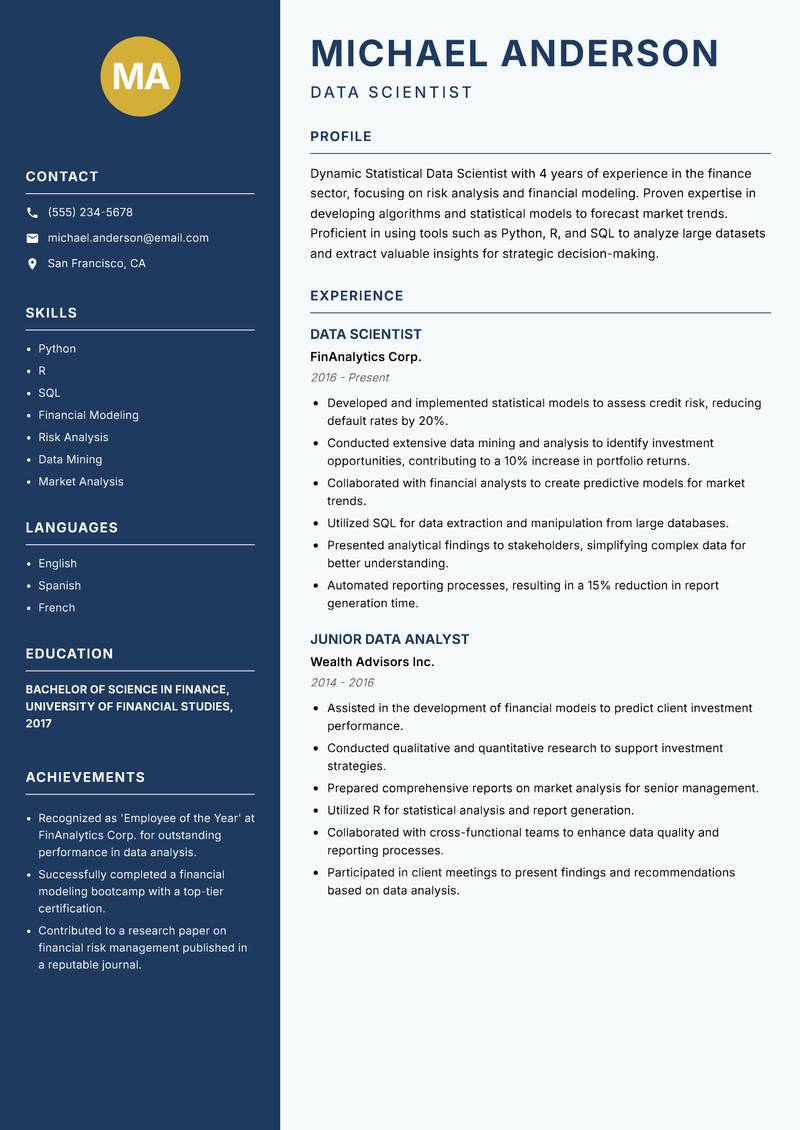 Statistical Data Scientist resume template — Classic Clean