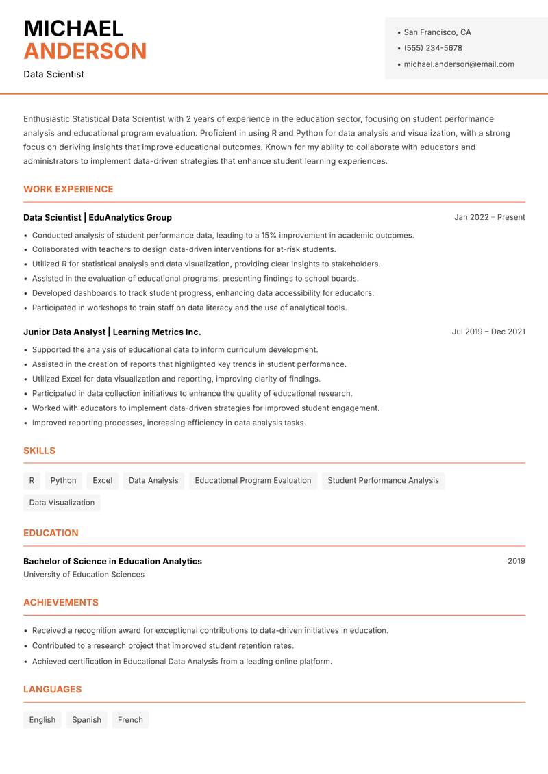 Statistical Data Scientist resume template — Modern Professional