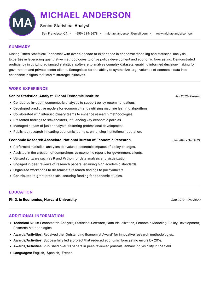 Statistical Economist resume example — ATS-friendly template