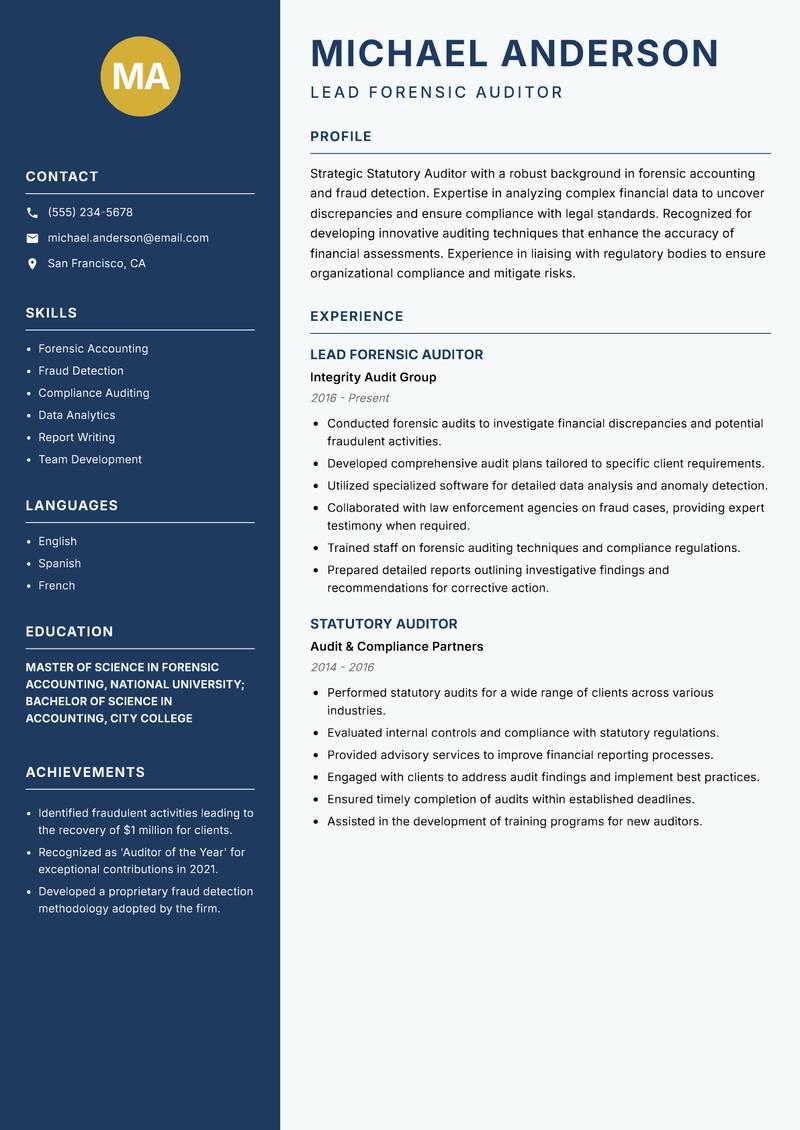 Statutory Auditor resume template — Classic Clean