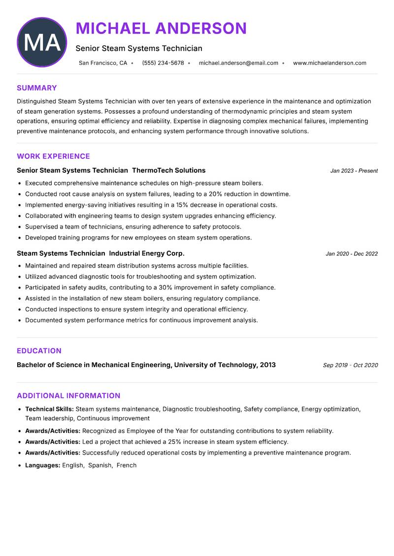 Steam Systems Technician resume example — ATS-friendly template
