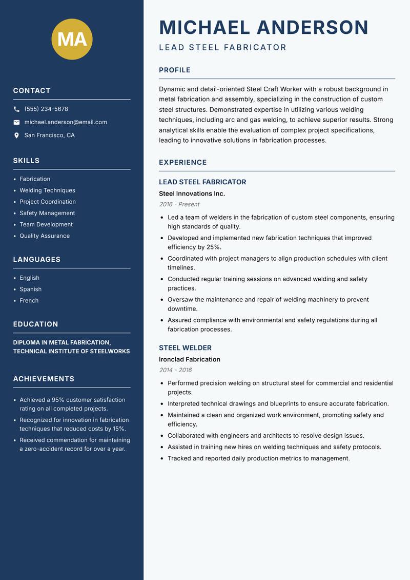 Steel Craft Worker resume template — Classic Clean