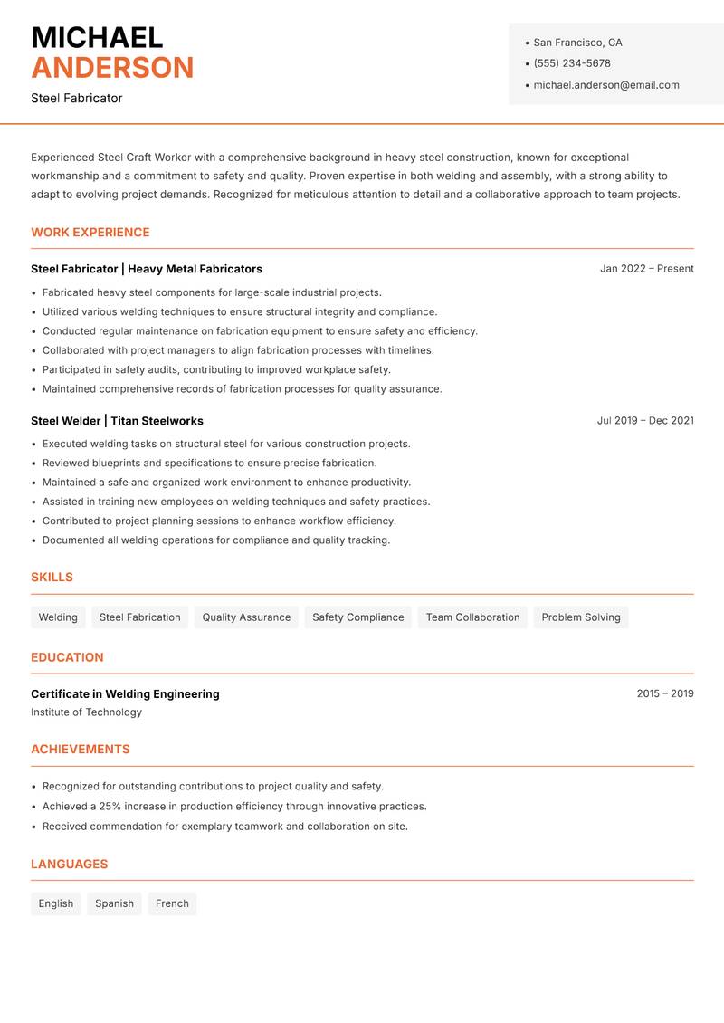 Steel Craft Worker resume template — Modern Professional