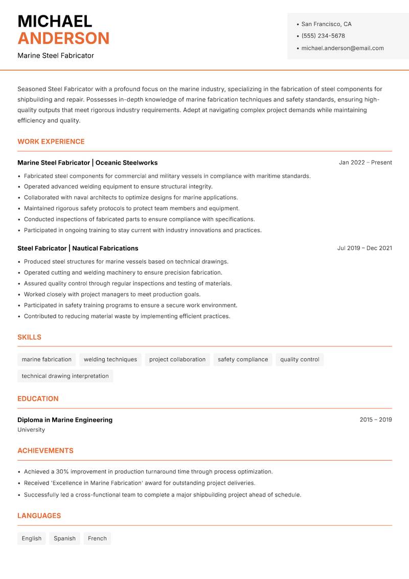 Steel Fabricator resume template — Modern Professional