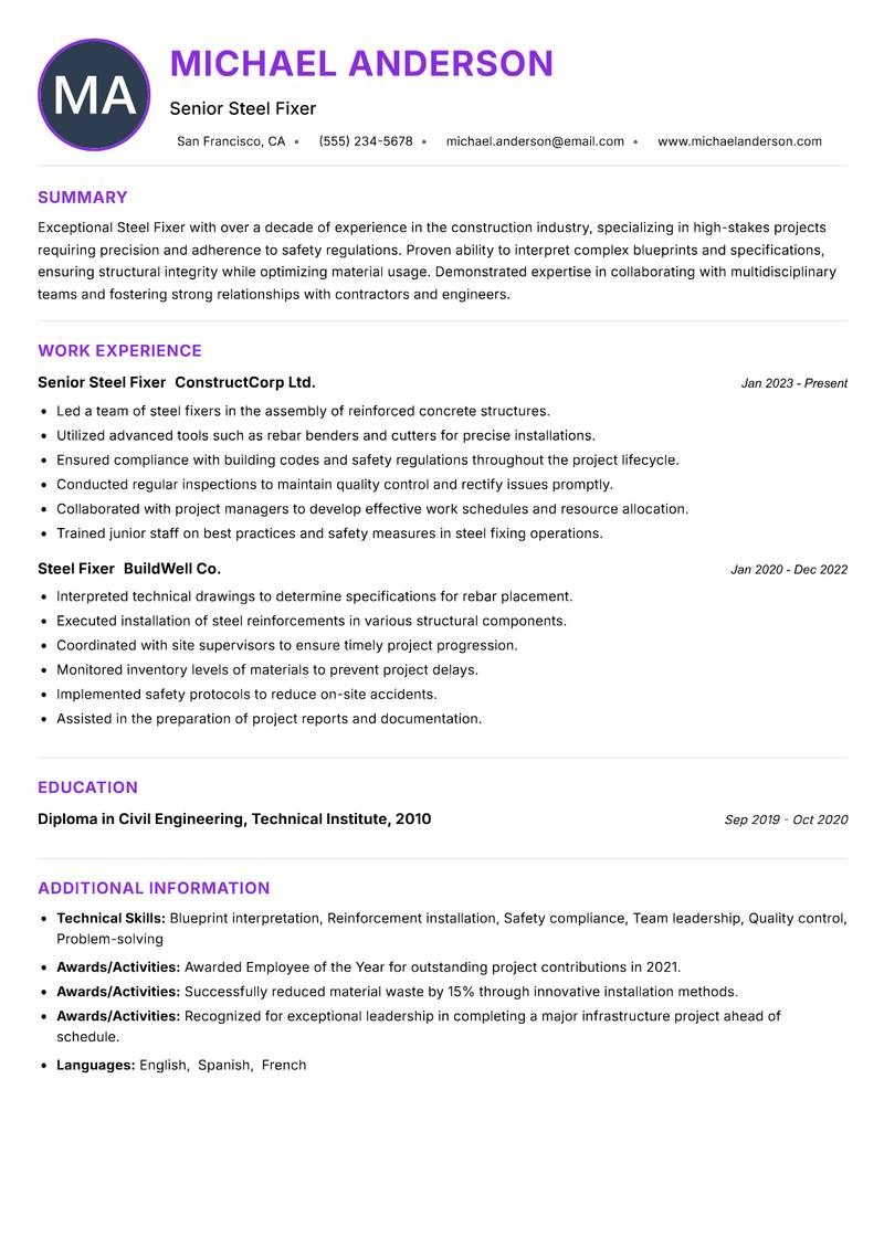 Steel Fixer resume example — ATS-friendly template
