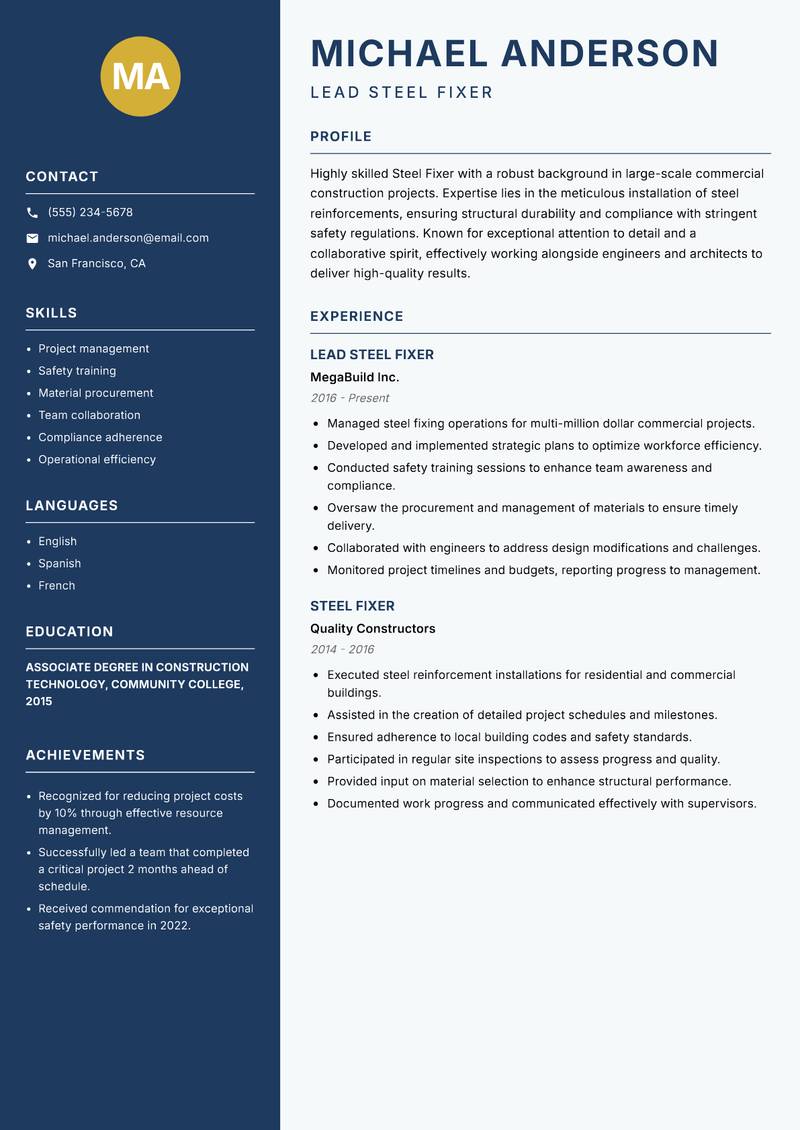 Steel Fixer resume template — Classic Clean