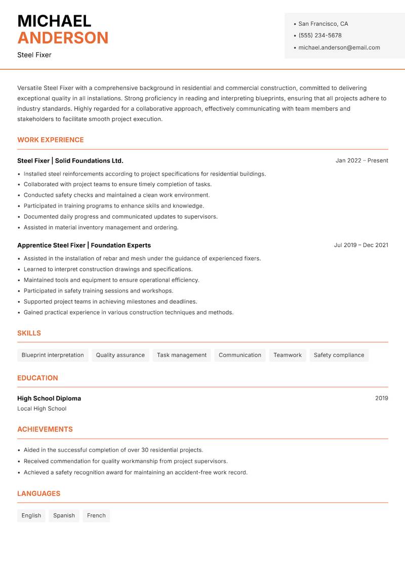 Steel Fixer resume template — Modern Professional
