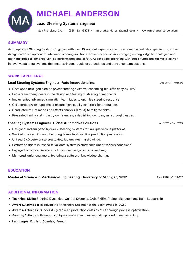 Steering Systems Engineer resume example — ATS-friendly template