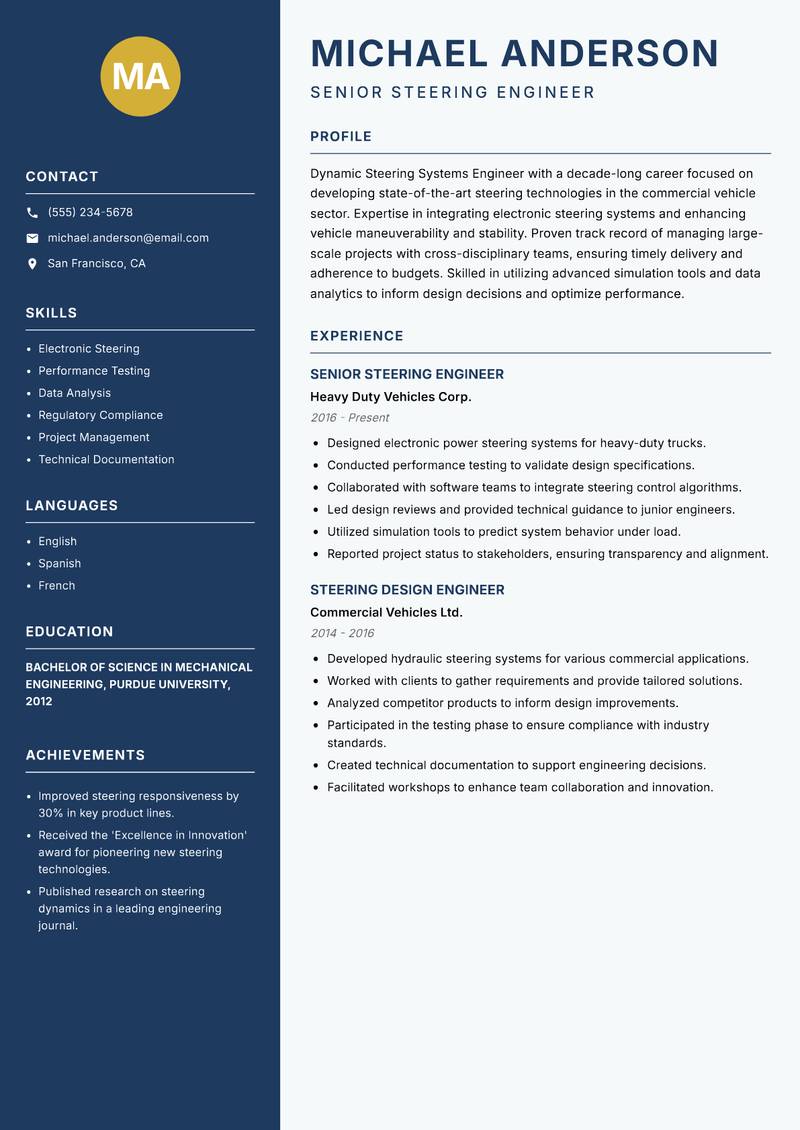 Steering Systems Engineer resume template — Classic Clean