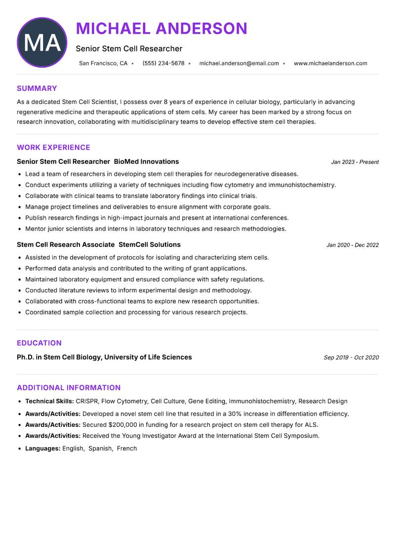 Stem Cell Scientist resume example — ATS-friendly template
