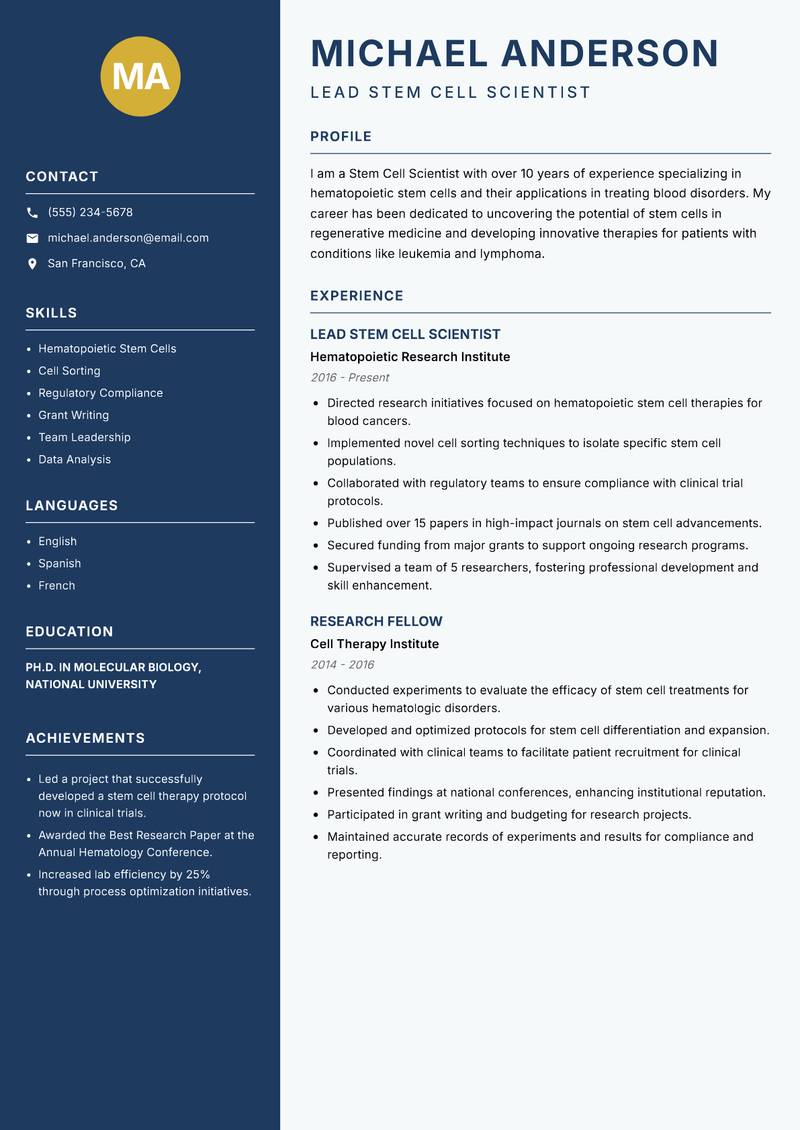 Stem Cell Scientist resume template — Classic Clean