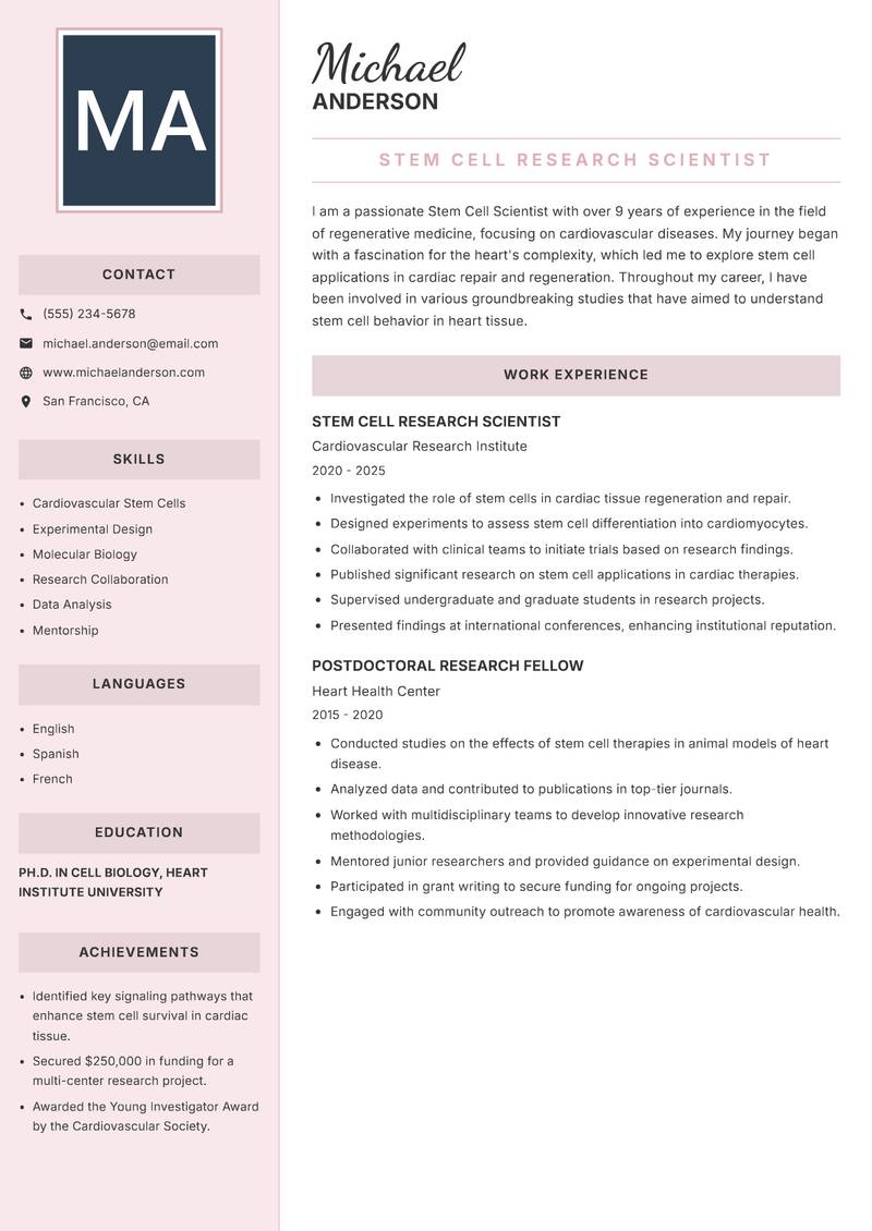 Stem Cell Scientist resume template — Executive