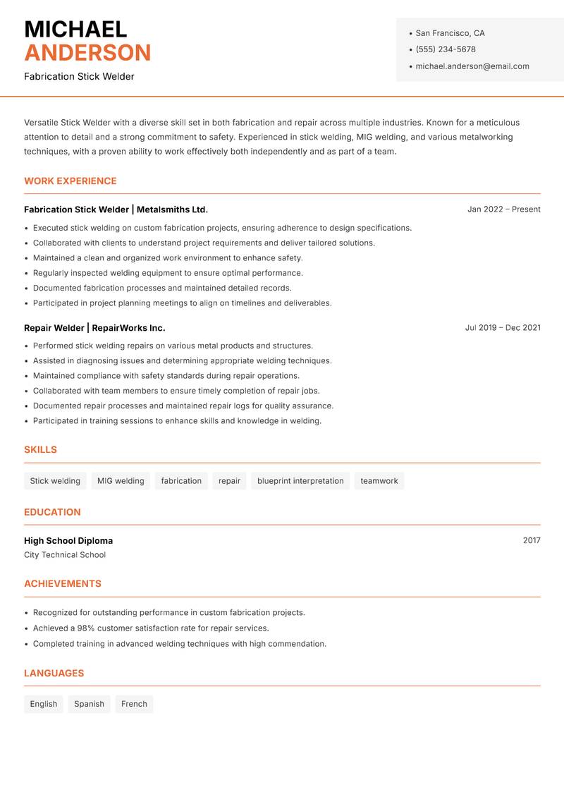 Stick Welder resume template — Modern Professional