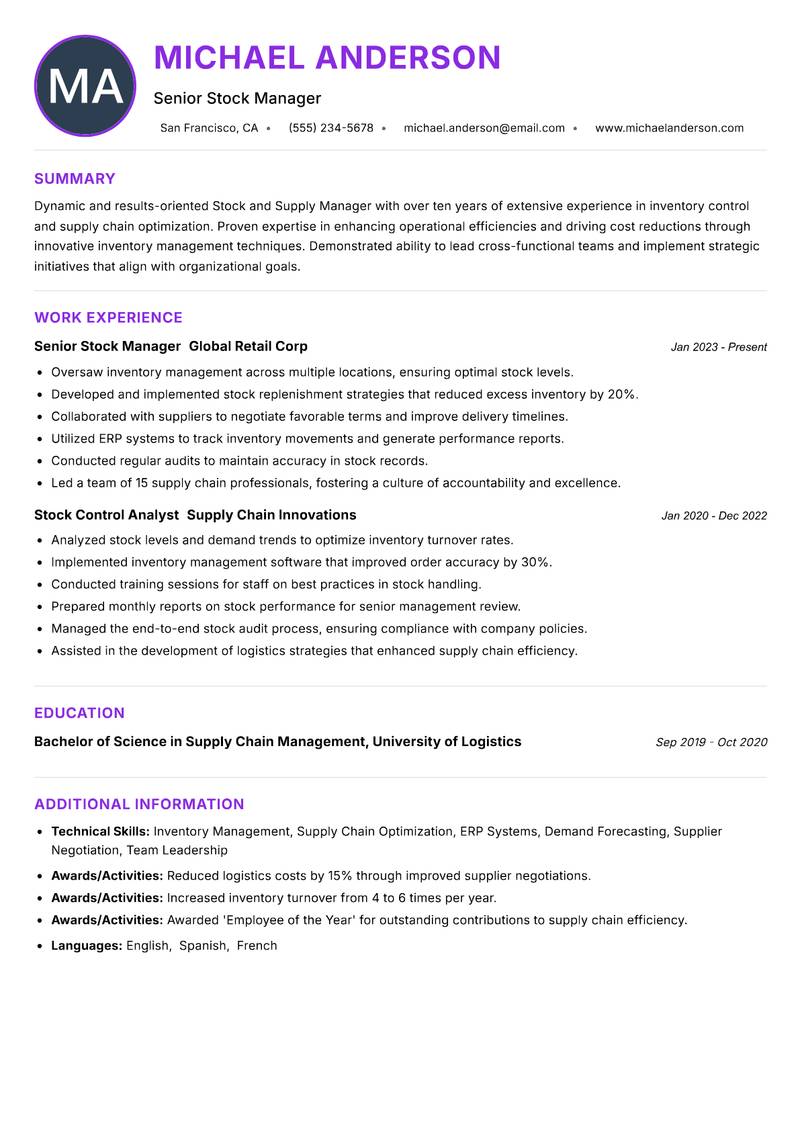 Stock and Supply Manager resume example — ATS-friendly template