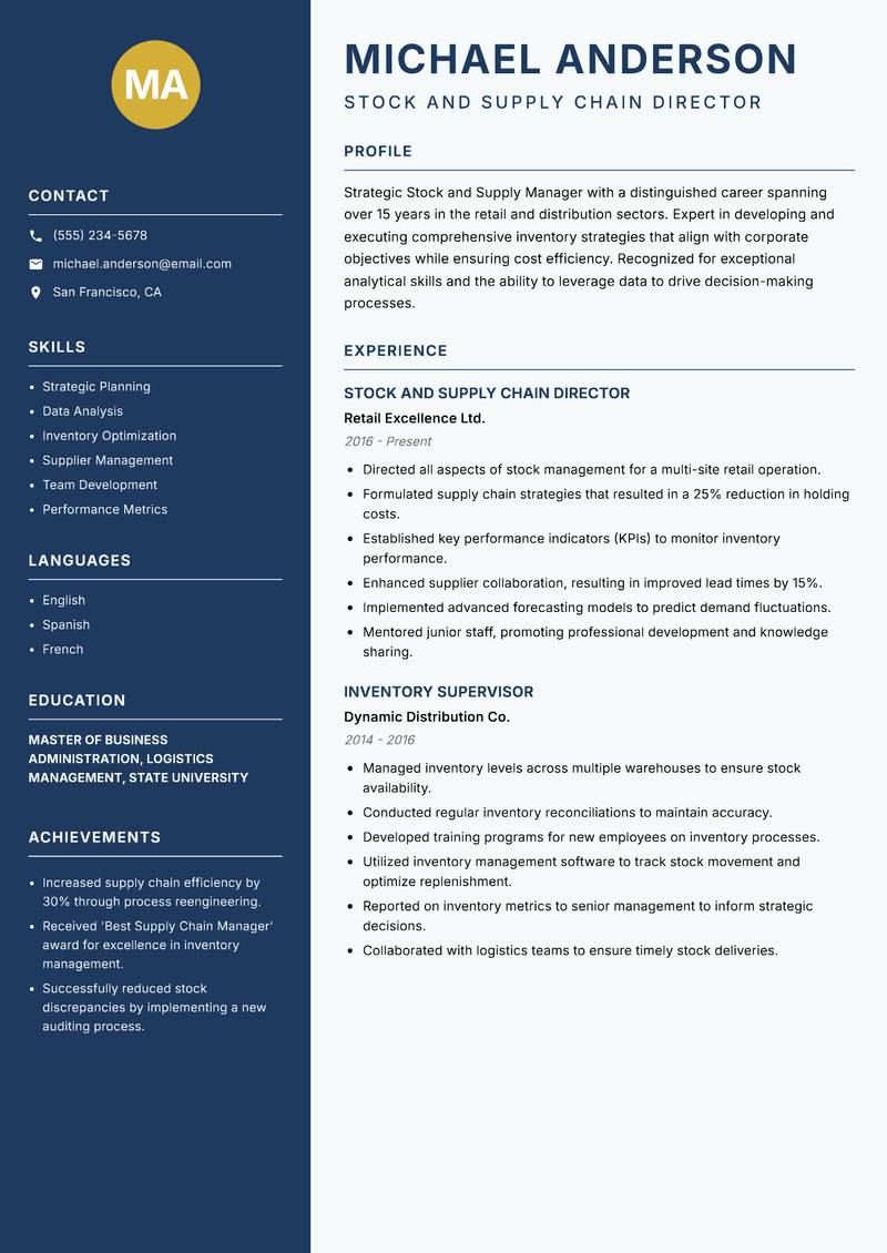 Stock and Supply Manager resume template — Classic Clean