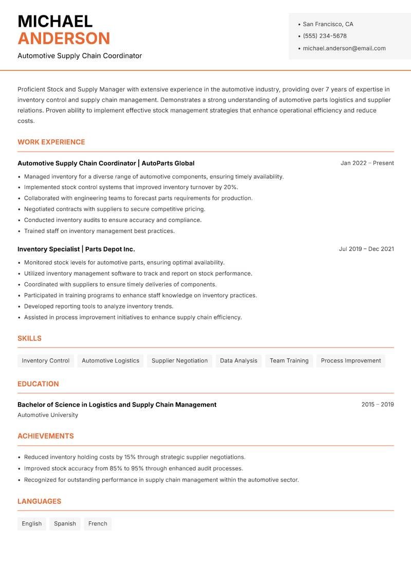 Stock and Supply Manager resume template — Modern Professional