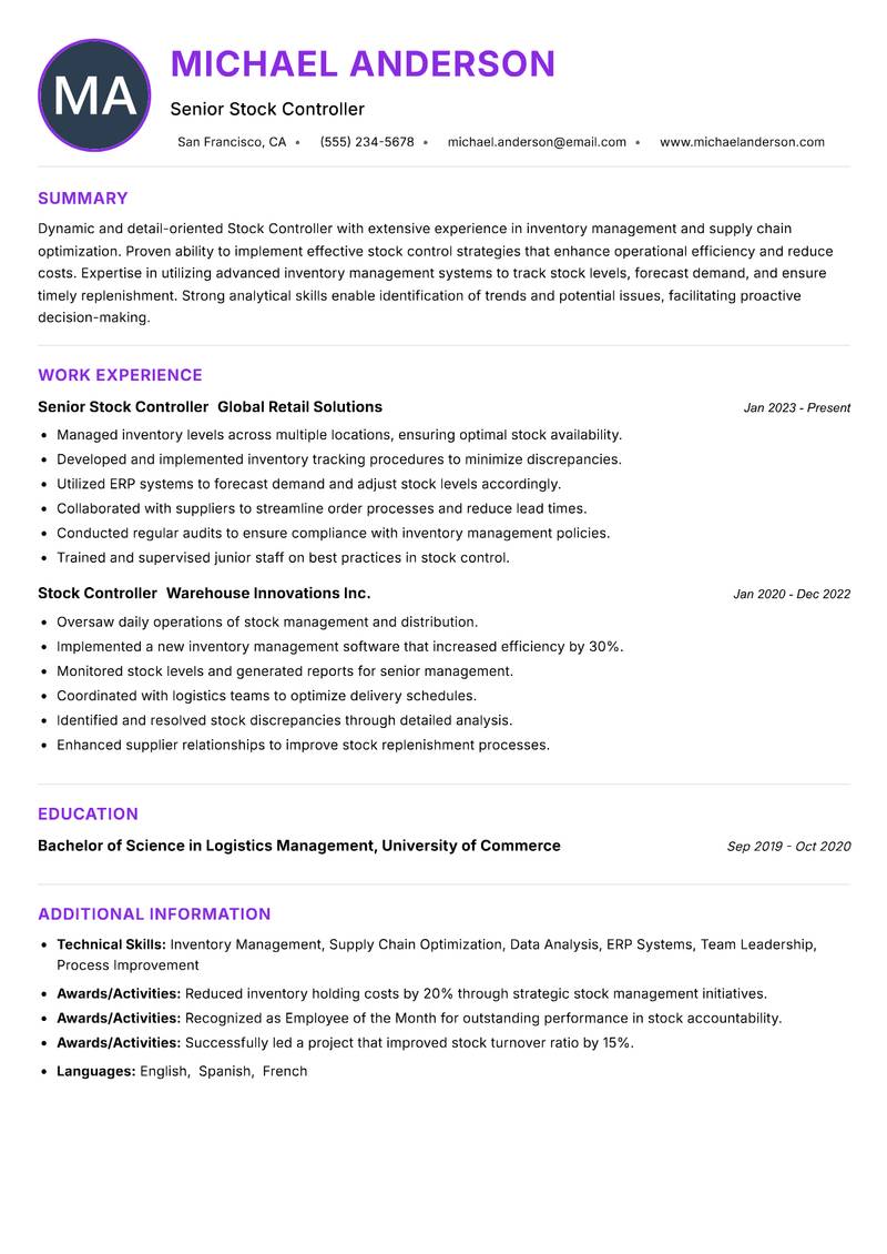 Stock Controller resume example — ATS-friendly template