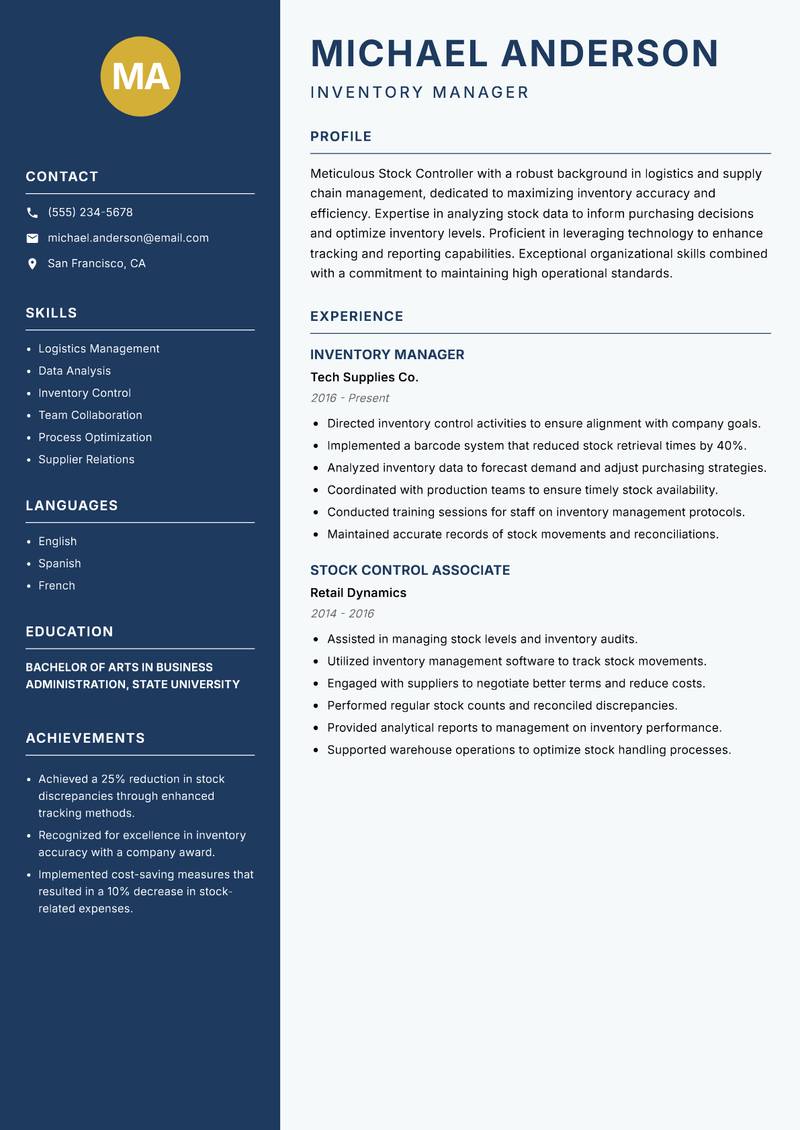 Stock Controller resume template — Classic Clean