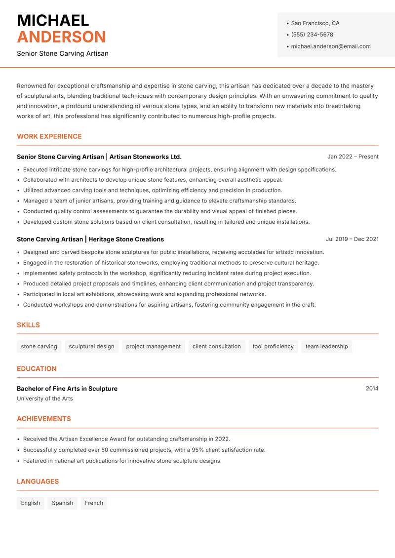 Stone Carving Artisan resume template — Modern Professional