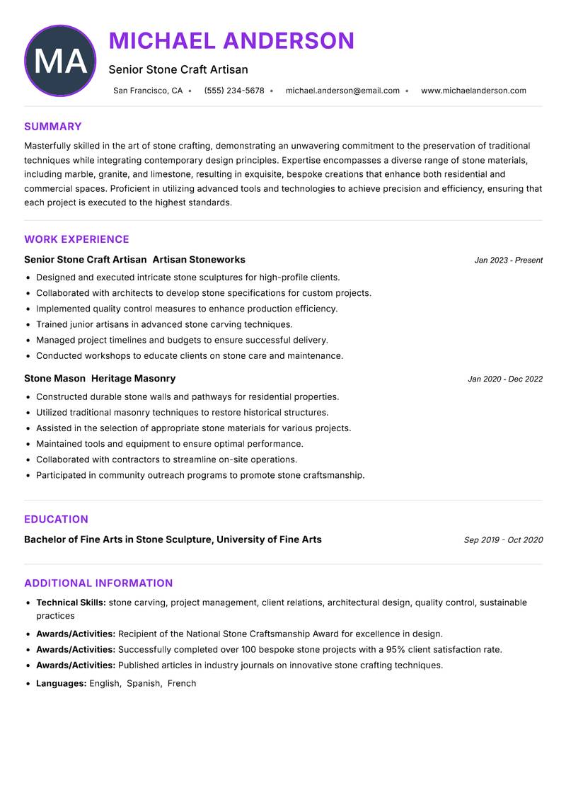 Stone Craft Artisan resume example — ATS-friendly template