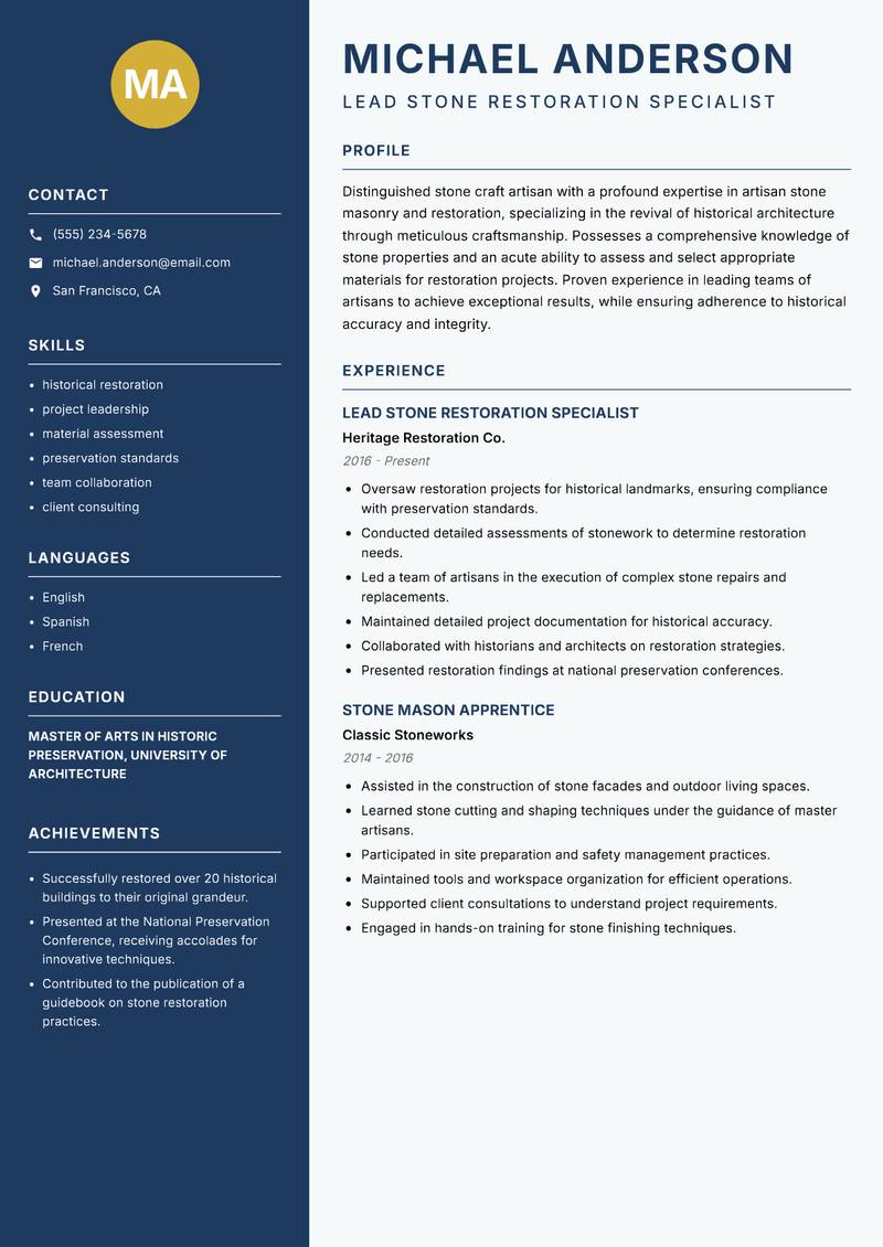 Stone Craft Artisan resume template — Classic Clean