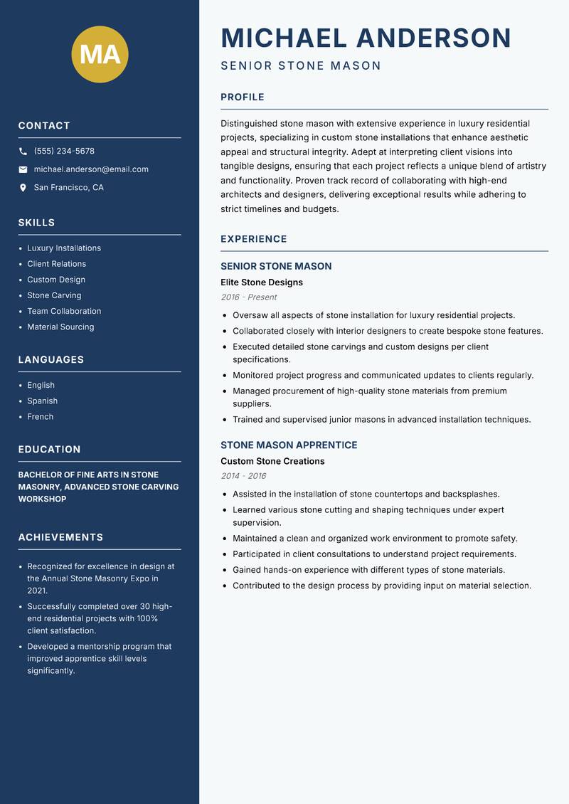 Stone Mason resume template — Classic Clean