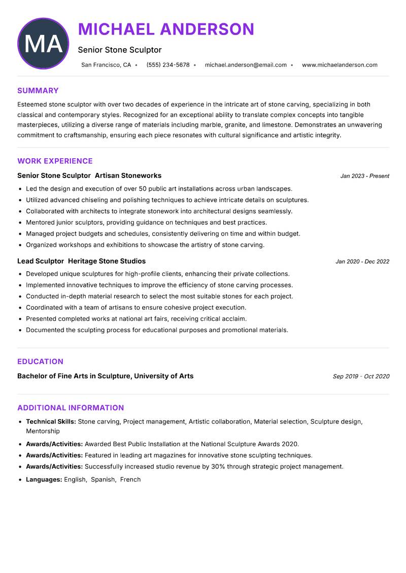 Stone Sculptor resume example — ATS-friendly template