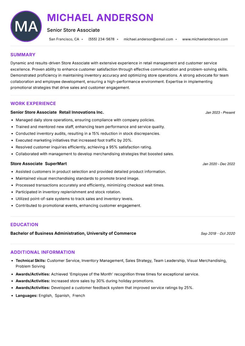 Store Associate resume example — ATS-friendly template