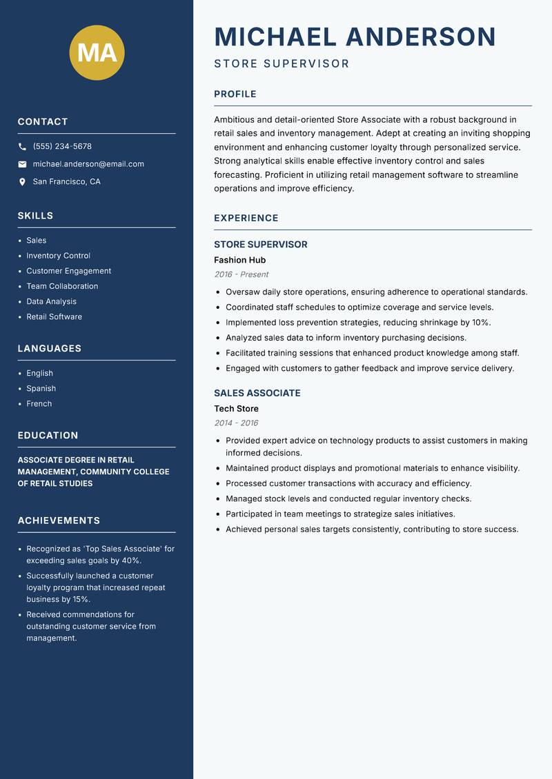 Store Associate resume template — Classic Clean