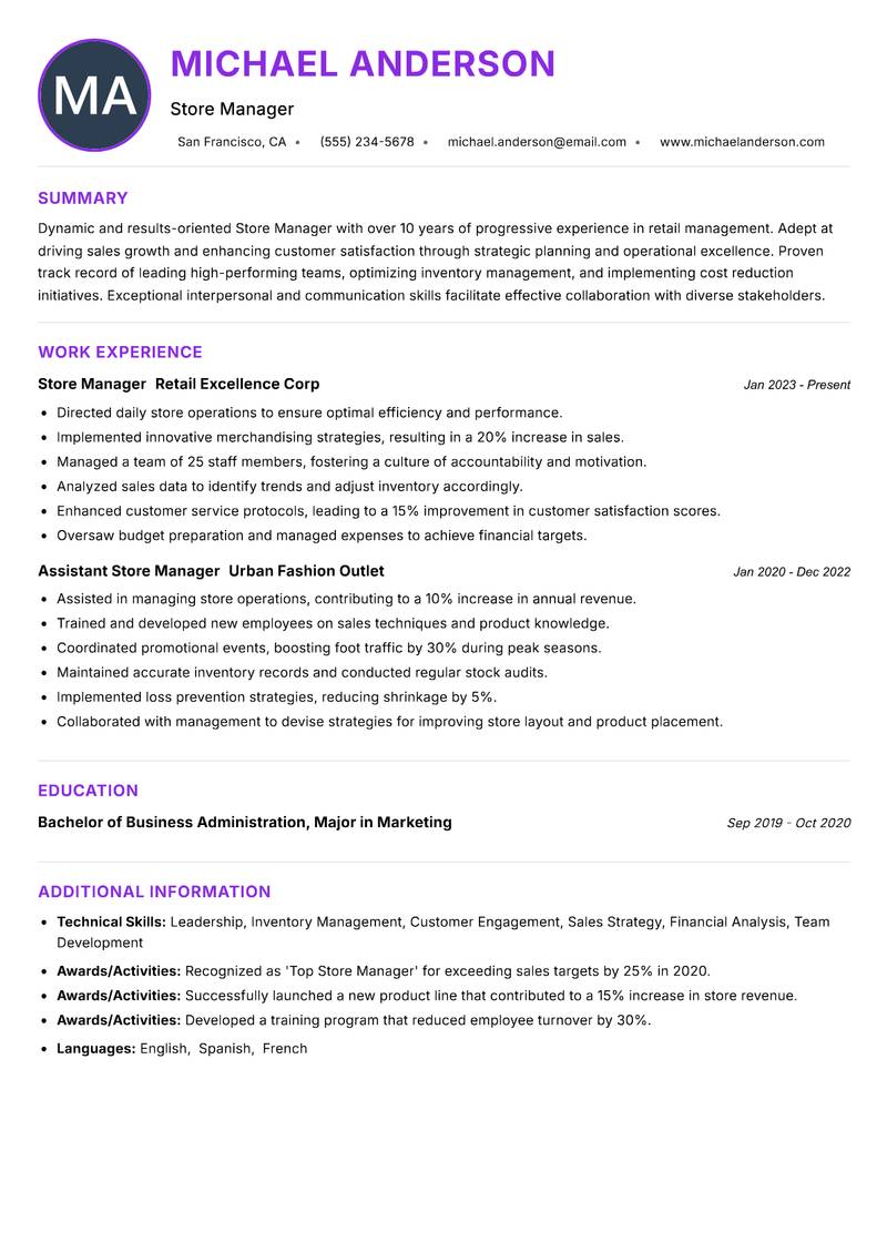 Store Manager resume example — ATS-friendly template