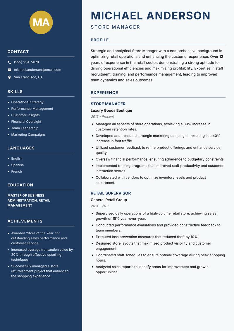 Store Manager resume template — Classic Clean