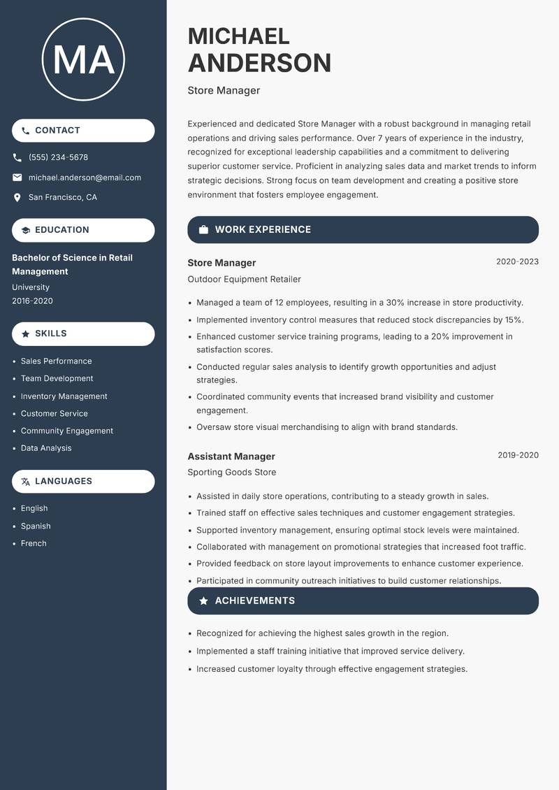 Store Manager resume template — Compact