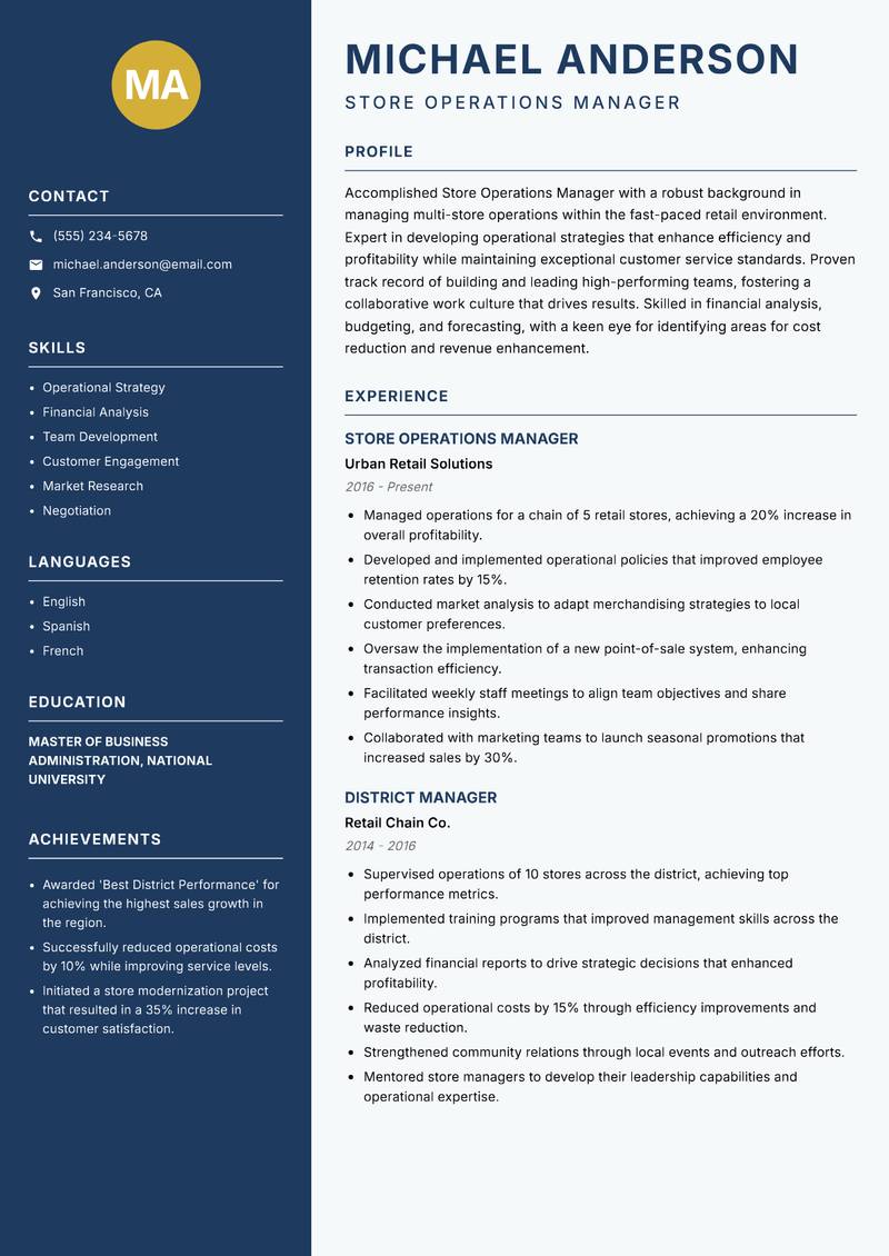 Store Operations Manager resume template — Classic Clean