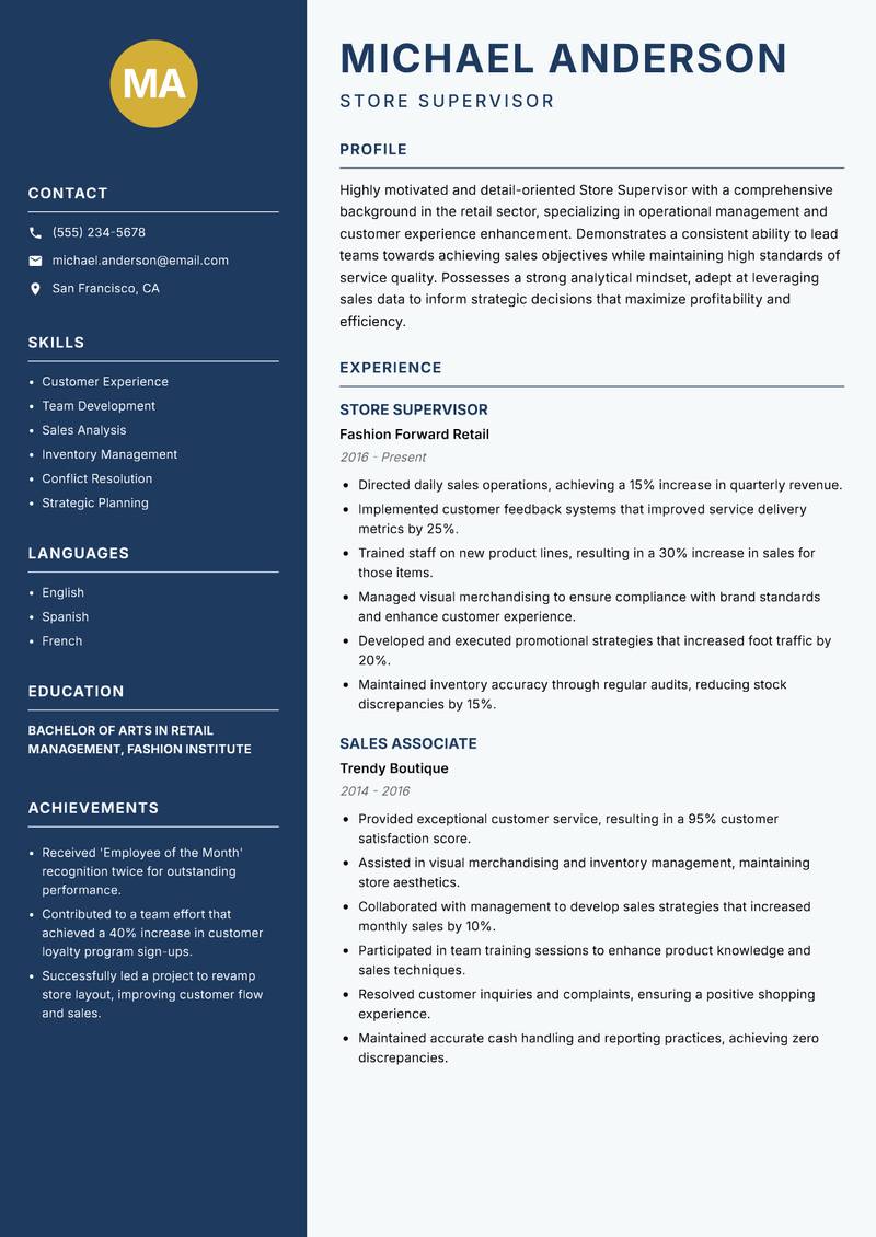 Store Supervisor resume template — Classic Clean