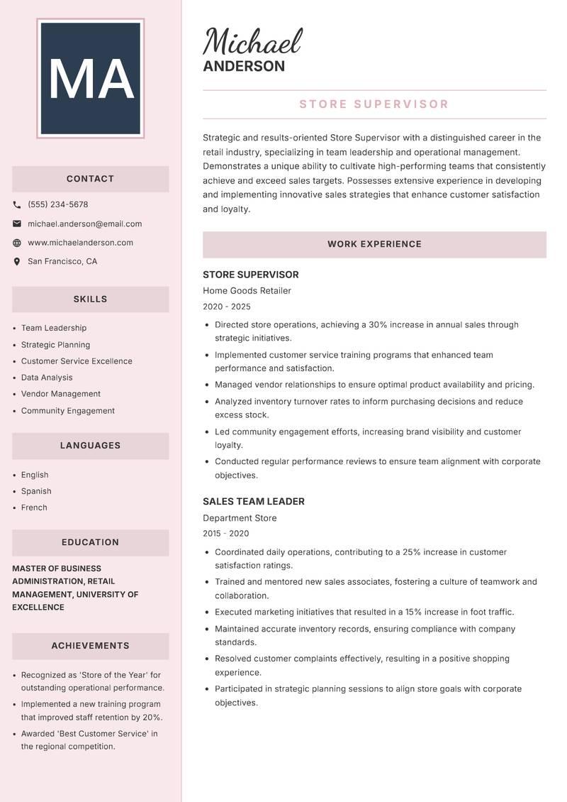 Store Supervisor resume template — Executive