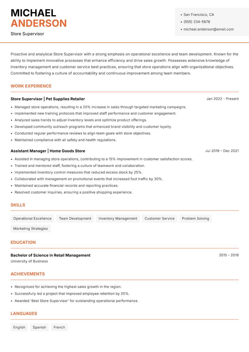 Store Supervisor resume template — Modern Professional