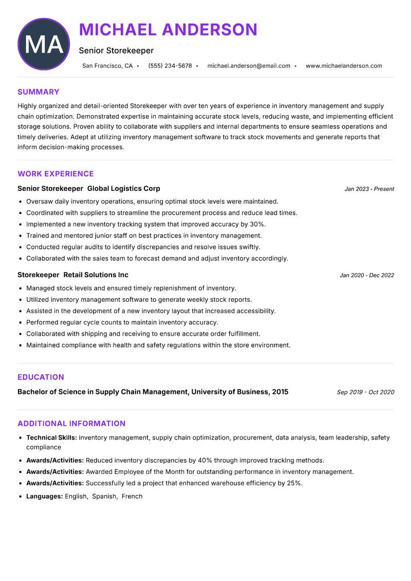Storekeeper resume example — ATS-friendly template