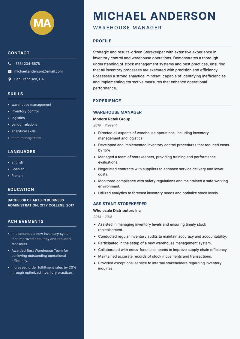 Storekeeper resume template — Classic Clean