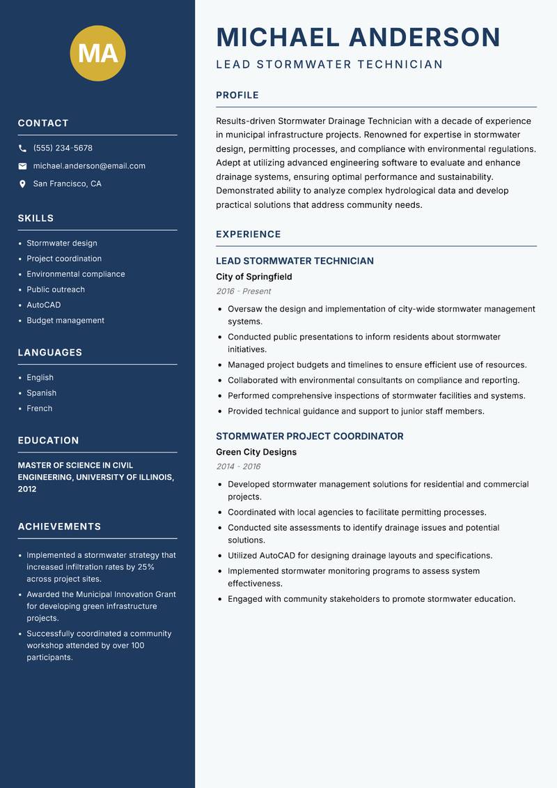 Stormwater Drainage Technician resume template — Classic Clean