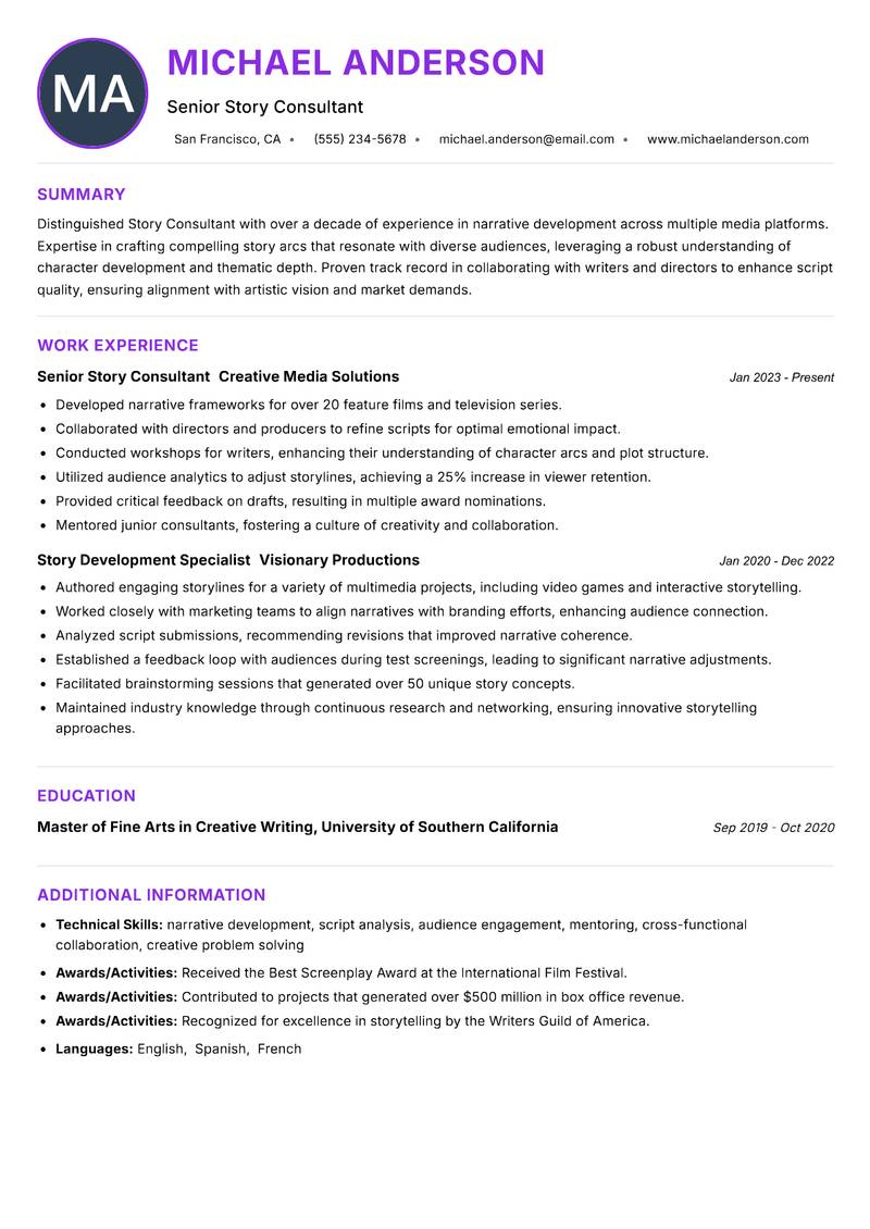 Story Consultant resume example — ATS-friendly template