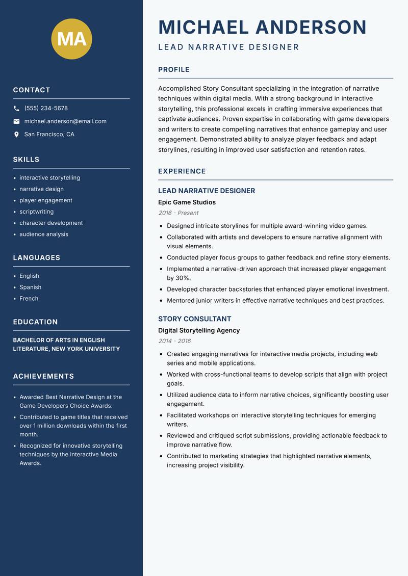 Story Consultant resume template — Classic Clean