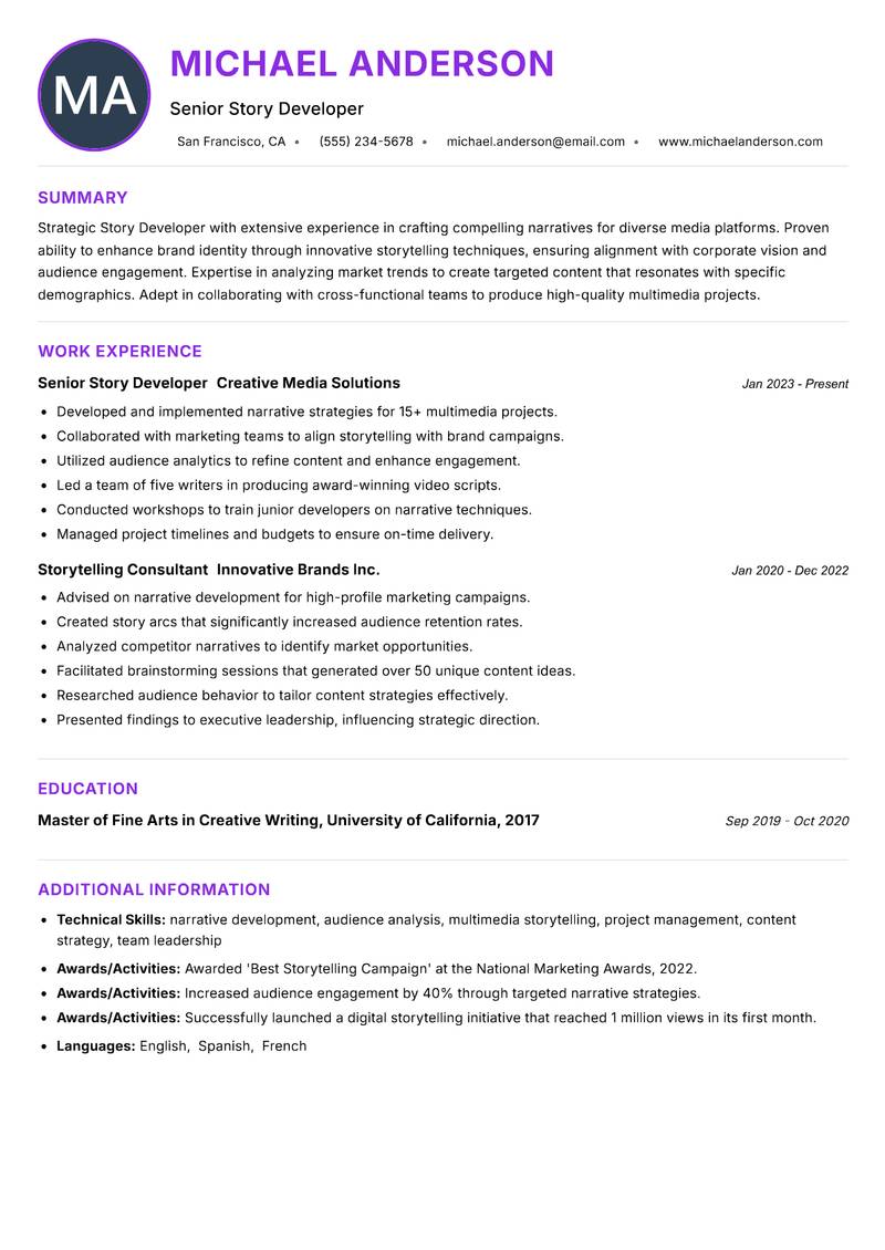 Story Developer resume example — ATS-friendly template