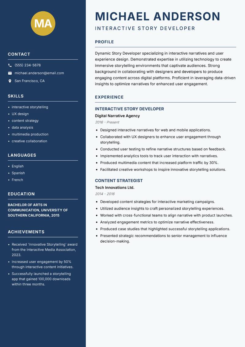 Story Developer resume template — Classic Clean