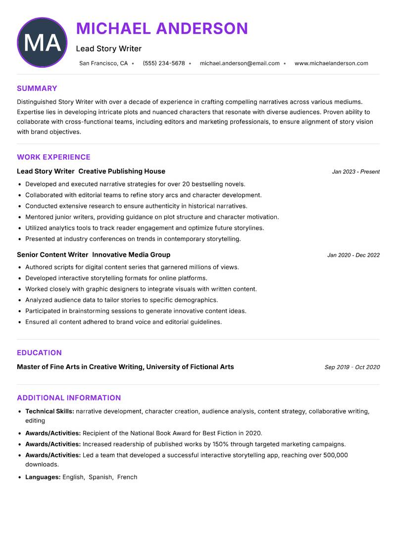 Story Writer resume example — ATS-friendly template