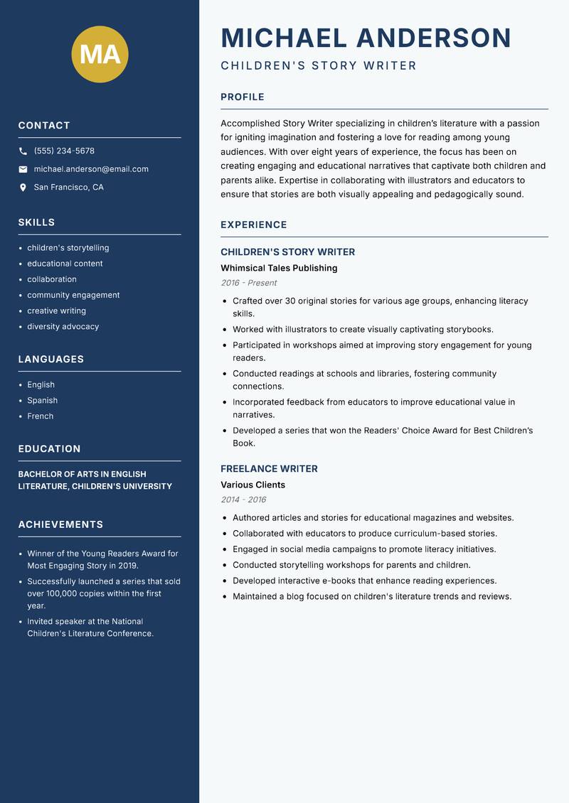 Story Writer resume template — Classic Clean