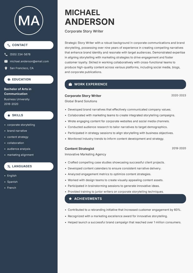 Story Writer resume template — Compact