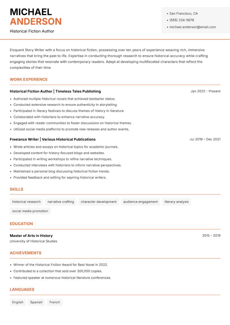 Story Writer resume template — Modern Professional